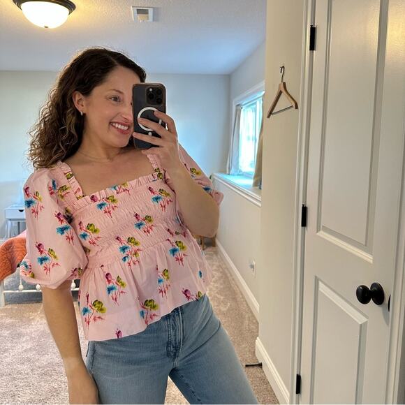 GANNI Pink Floral Cotton Smocked Square Neck Top Blouse Small - Picture 3 of 11